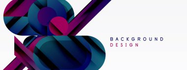 Soyut geometrik tasarım. Üst üste binen şekiller dinamik bileşim yaratır. Koyu mavi, mor, beyaz kontrastlı. Modern estetik.