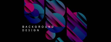 Soyut geometrik şekiller, canlı renkler, koyu arkaplan. Modern tasarım elementleri dinamik görsel etki yaratır.