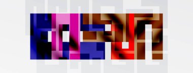 Soyut pikselleştirilmiş kompozisyon. Dikdörtgen şekiller baskın, mor, mavi, kahverengi, kırmızı renkler kullanarak. Beyaz arkaplan karşıtlık sağlar.