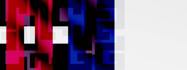 Soyut geometrik bileşim. Kareler, dikdörtgenler örtüşür ve canlı renk blokları oluşturur. Kırmızı, mavi, beyaz baskın tasarım. Minimalist estetik.