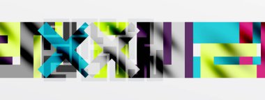 Soyut geometrik bileşim. Dikdörtgenler örtüşüyor, renkli desenler oluşturuyor. Canlı renklere sahip minimalist tasarım, modern estetik..