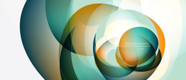 Soyut tasarım özellikleri üst üste binen daireler, gradyanlar. Teal, turuncu, beyaz renkler dinamik bileşim yaratır. Modern, minimalist estetik.