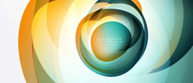 Soyut tasarım katmanlı daireler, canlı renkler içerir. Turuncu, deniz mavisi, altın rengi dinamik görsel efekt yaratır. Modern, temiz estetik.