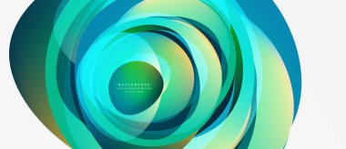 Soyut katmanlı tasarım. Dairesel şekiller turkuazları karıştırır, yeşil, sarı renkler. Modern, dinamik görsel kompozisyon. Yumuşak eğimler derinlik yaratır.