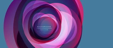 Soyut dairesel katmanlar dinamik görsel efekt yaratır. Pembe, mor renkler mavi arkaplanı bastırır. Modern tasarım ögesi.