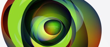 Soyut katmanlı şekiller dinamik dairesel tasarım yaratır. Canlı yeşiller, sarılar, kahverengiler modern arka plana karışıyor. Mevcut en küçük metin.