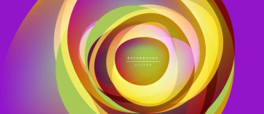 Soyut eşmerkezli çemberler, canlı renklerin karışımı. Mor, sarı, yeşil dinamik görsel efekt yaratır. Modern tasarım ögesi.