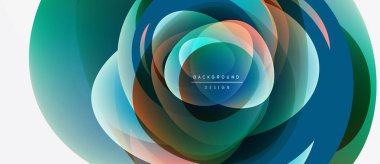 Soyut katmanlı tasarım. Dairesel şekiller örtüşüyor, canlı renk değişimleri yaratıyor. Modern estetik, arka planlar için uygun.