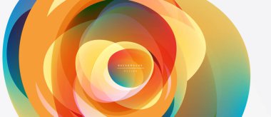 Soyut çiçek tasarımı. Üst üste binen daireler canlı ve renkli taç yaprakları oluşturur. Sıcak tonlar merkeze hakim, serin renkler kenarlara. Modern estetik.