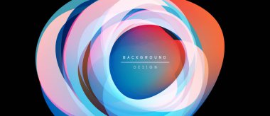 Soyut dairesel tasarım. Katmanlar örtüşüyor, canlı renk değişimleri yaratıyor. Merkezde metin arkaplanı, tasarım var. Modern estetik.