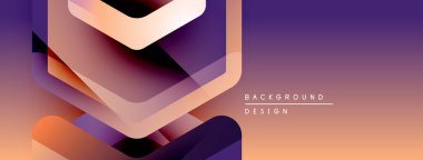 Soyut geometrik şekiller mor ve turuncu renkleri harmanlarlar. Modern tasarım yenilik, teknoloji, görsel cazibe öneriyor. Gradyan derinlik ve doku yaratır.