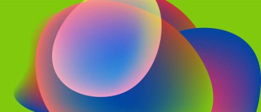 Soyut renkli şekiller örtüşüyor, canlı gradyanlar yaratıyor. Parlak yeşil arkaplan karşıtlık sağlar. Yumuşak geçişler biçimleri tanımlar.