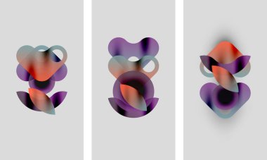 Soyut sanat. Üç panel bulanık, üst üste binen şekilleri gösteriyor. Renkler arasında turuncu, mor, deniz mavisi, gri yer alıyor. Minimalist tasarım, yumuşak gradyanlar mevcut.