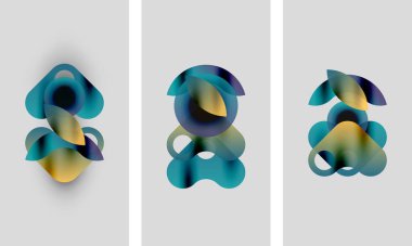 Soyut sanat eserleri. Üç panelde akan şekiller, gradyanlar, maviler, sarılar, yumuşak ışıklandırma var. Minimalist tasarım, modern estetik.