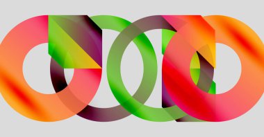 Soyut renkli döngüler çakışıyor, dinamik görsel kompozisyon oluşturuyor. Parlak renkler harmanlanır ve ilginç şekiller oluşturur. Modern tasarım ögesi.