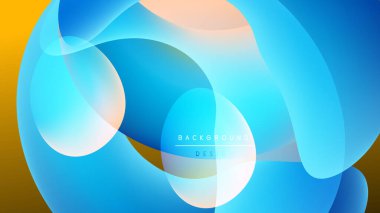 Soyut sıvı şekilleri örtüşür, parlak mavi ve turuncu renkler yaratır. Arkaplanda metin arkaplan tasarımı var. Modern estetik.