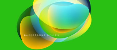 Soyut sıvı şekilleri örtüşür ve canlı renk değişimleri yaratır. Parlak yeşil arka plan, dinamik görsel efekti arttırır. Modern tasarım ögesi.