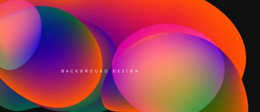 Canlı örtüşen daireler akışkan renkli soyut arkaplan oluşturur. Gradyan renkler kusursuz bir şekilde harmanlanarak dinamik bileşim oluşturur..