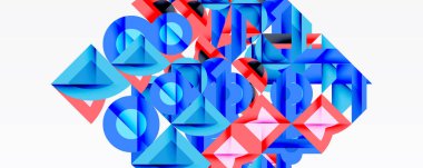 Soyut geometrik şekiller, mavi, pembe, cyan. Kompleks kompozisyon, üst üste binen formlar, modern tasarım. Minimalist estetik, temiz çizgiler, canlı renkler.