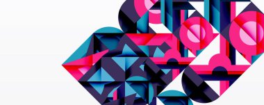 Soyut geometrik bileşim. Şekiller örtüşüyor, canlı, dinamik görsel deneyim yaratıyor. Pembe, mavi, mor egemen tasarım.