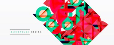 Soyut geometrik tasarım. Kırmızı, yeşil, pembe şekiller dinamik bileşim oluşturur. Minimalist tarz, modern estetik.