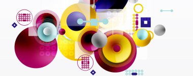 Üst üste binen daireler, kareler, noktalar içeren soyut bir kompozisyon. Canlı renkler dinamik görsel deneyimler yaratır. Modern tasarım elemanları.