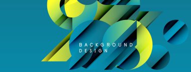 Soyut geometrik şekiller üst üste binerek dinamik deniz mavisi ve sarı bileşim oluşturur. Arkaplan ve sunumlar için modern tasarım ögesi.