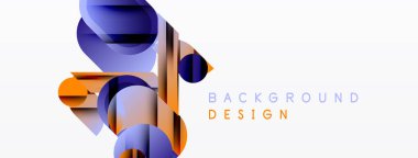 Soyut geometrik şekiller örtüşür, dinamik görsel kompozisyon yaratır. Mavi, turuncu renkler beyaz arkaplana hükmediyor. Modern tasarım ögesi.