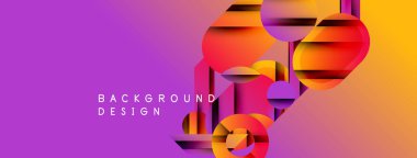 Soyut gradyan arkaplan özellikleri üst üste binen daireler, kareler. Canlı mor, turuncu renkler dinamik görsel efekt yaratır. Modern tasarım ögesi.