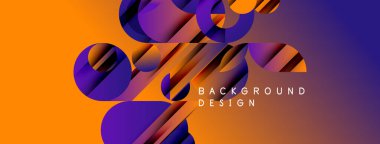 Soyut geometrik şekiller turuncu ve mor renkleri harmanlarlar. Dinamik kompozisyon modern arkaplan tasarımı yaratır. Katmanlı biçimler derinlik ve hareket önerir.