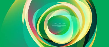 Soyut dairesel katmanlar canlı yeşil, sarı, kırmızı görsel oluşturur. Eşmerkezli şekiller derinlik, hareket ve modern tasarım estetiğini akla getiriyor..