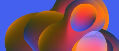 Soyut sıvı şekiller harmanlanır, canlı renkler baskın gelir. Turuncu, sarı, pembe mavi arka planda birleşir. Yumuşak eğimler derinlik yaratır.