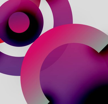 Üst üste binen daireler içeren soyut kompozisyon. Güneş gözlükleri mor, mor, siyah, beyaz. Minimalist tasarım, modern estetik.