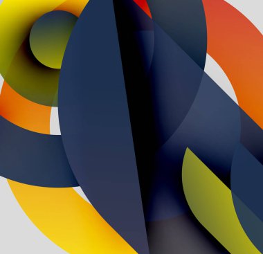 Soyut kompozisyon. Üst üste binen şekiller dinamik görsel deneyimler yaratır. Renkler karışıyor, ilginç desenler oluşturuyor. Modern tasarım.