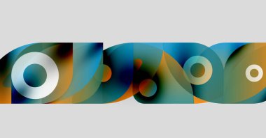 Soyut şekiller örtüşür, canlı renk karışımları yaratır. Çemberler kompozisyona hükmediyor, hareket ve derinliği gösteriyor. Modern tasarım elemanları.