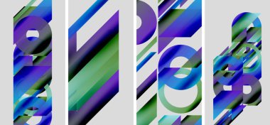 Soyut geometrik bileşim. Mavi, yeşil, mor renkler dinamik şekiller yaratır. Modern tasarım, temiz çizgiler, canlı renkler.