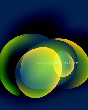 Soyut şekiller örtüşüyor, canlı gradyanlar yaratıyor. Sarılar, yeşiller, maviler koyu arkaplana karışıyor. Modern tasarım ögesi.