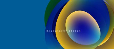 Soyut renkli katmanlar dinamik görsel efekt yaratır. Gradyan çemberler üst üste binerek modern arkaplan tasarımı oluşturuyor. Mavi sol tarafa hükmediyor.