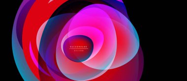 Soyut canlı katmanlar dinamik görsel efekt yaratır. Kırmızı, morumsu, mavi renkler harmanlanarak dairesel şekiller oluşturuyor. Modern tasarım ögesi.