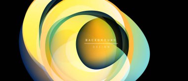 Soyut tasarım özellikleri katmanlı, akışkan şekiller. Sarılar, portakallar, maviler dinamik görsel efekt yaratır. Merkezi koyu alan karşıtlık sağlar.