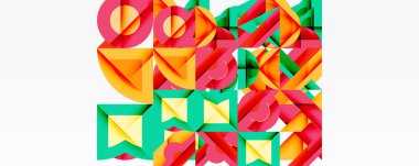 Soyut geometrik şekiller örtüşür, canlı renkli desenler yaratır. Kırmızı, turuncu, yeşil renkler kompozisyona hakim. Modern tasarım ögesi.