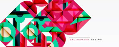 Soyut geometrik şekiller, canlı renkler, modern tasarım. Pembe, deniz mavisi, siyah elementler dinamik bileşim oluşturur. Minimalist stil.