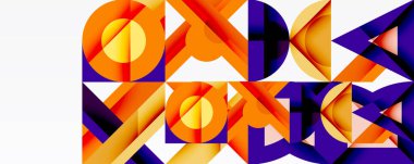 Soyut geometrik desen. Turuncu, mor, sarı şekiller dinamik görsel doku oluşturur. Modern tasarım elemanları.