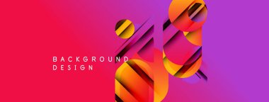 Canlı soyut tasarım, üst üste binen daireler, dinamik çizgiler. Pembeden mor renge geçiş aşamaları. Modern estetik.