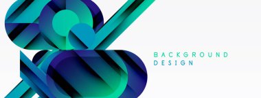 Soyut geometrik tasarım. Mavi, turkuaz gradyanlar katmanlı şekiller yaratır. Beyaz alan canlı renkleri, modern estetiği dengeler..