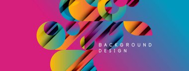 Soyut canlı tasarım renkli daireler ve çizgiler içerir. Pembeden maviye geçişler. Modern estetik, dinamik kompozisyon.