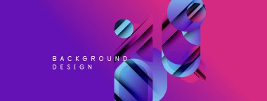 Soyut mor arkaplan geometrik şekiller, üst üste binen silindirler, üçgenler içerir. Modern tasarım elementleri dinamik görsel etki yaratır.