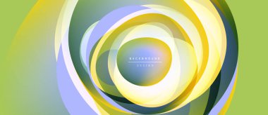 Soyut katmanlar dairesel tasarım yaratır. Sarı, yeşil, mor renkler harmanlanarak dinamik görsel efekt oluşturur. Modern arkaplan ögesi.