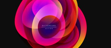 Abstract colorful layers create dynamic visual effect. Bright gradients blend, forming circular composition. Modern design element.