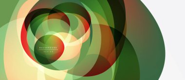 Soyut katmanlı tasarım. Dairesel şekiller yeşil, kırmızı ve sarı renkleri harmanlıyor. Modern arkaplan dinamik görsel efekt yaratır.